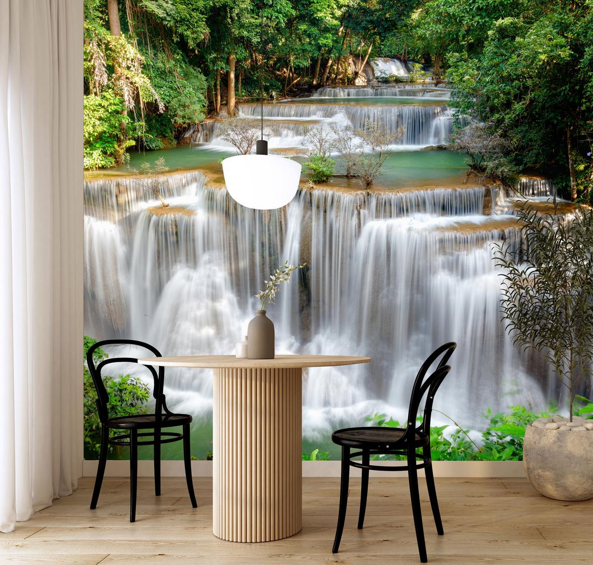 FOTOTAPETE für Esszimmer Panorama Waldwasserfall Bäume Pflanzen Natur 350x256 - Beige/Braun, Papier (350/256cm) - Muralo