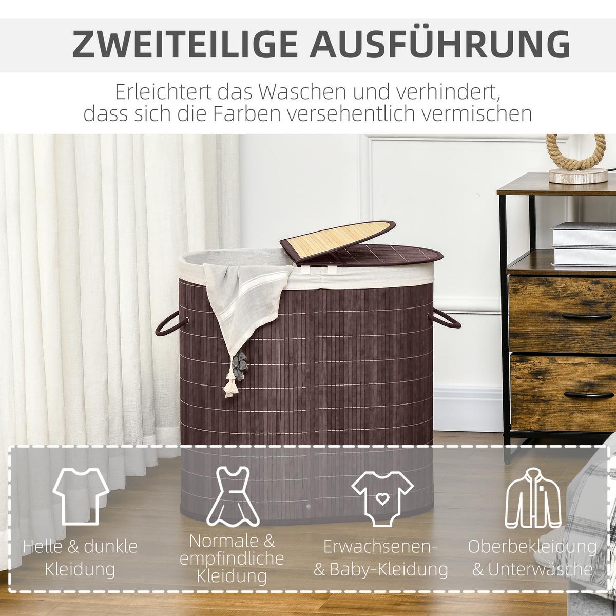 WÄSCHEKORB Wäschebox 100L Wäschesammler mit Deckel, 2 Wäschesäcken, Bambus - Braun, Naturmaterialien (37/60.5/62.5cm) - HOMCOM