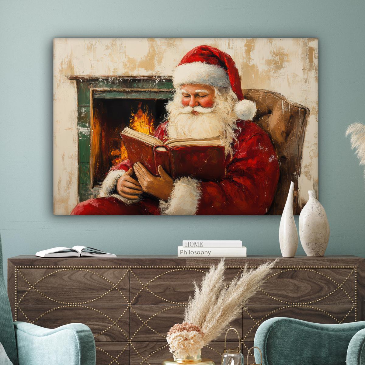LEINWANDBILD Weihnachten - Weihnachtsmann - Winter - Open Fireside Wohnzimmer Groß 120x80 cm - Dunkelrot, Textil (120/80cm) - MuchoWow