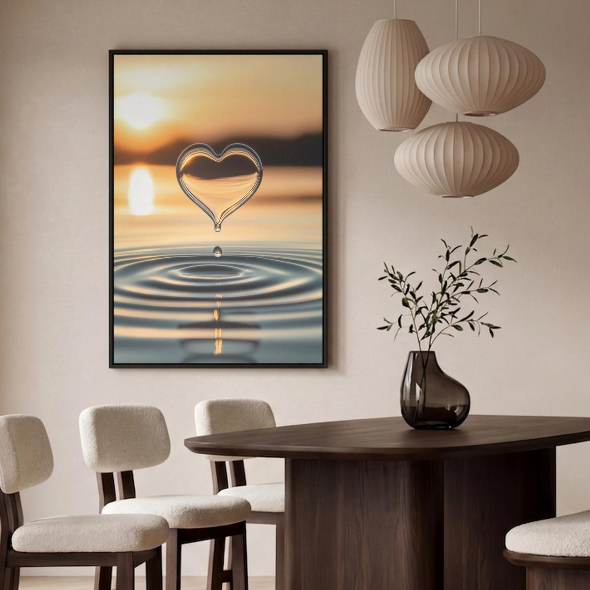 LEINWAND Bilder mit Rahmen - Herz - Wasser - Sonnenuntergang - Natur - Zen - 100x150 - Bernsteinfarben, Textil (100/150cm) - MuchoWow