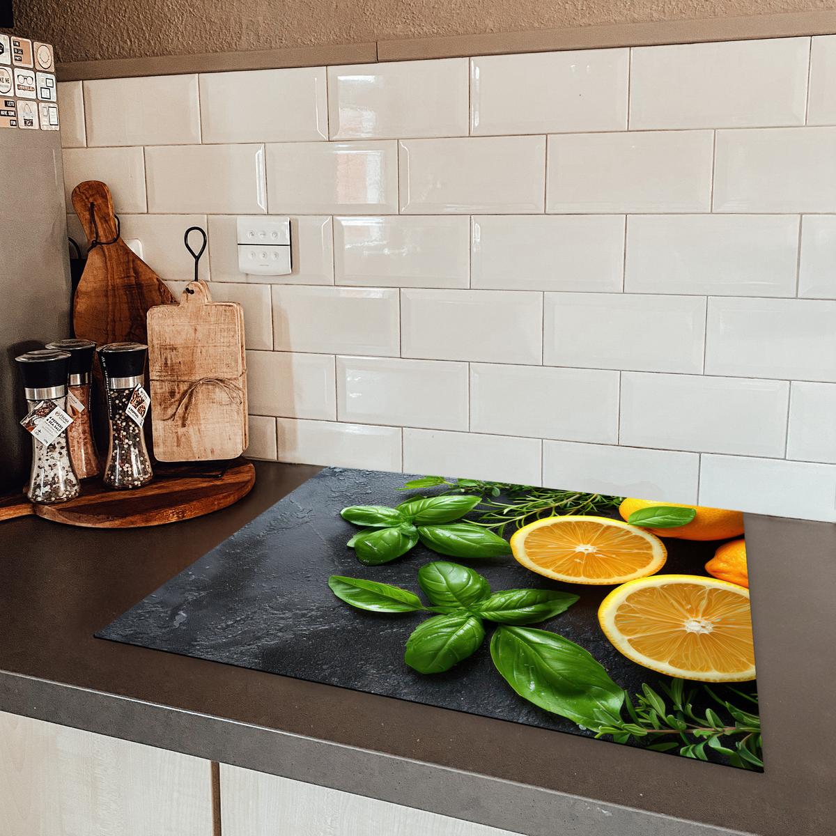 HERDABDECKPLATTE Obst - Grau - Konkret - Orange - Pflanzen Herdabdeckung Induktionsfeld 65x52 cm - Anthrazit, Kunststoff (65/52/0.2cm) - MuchoWow