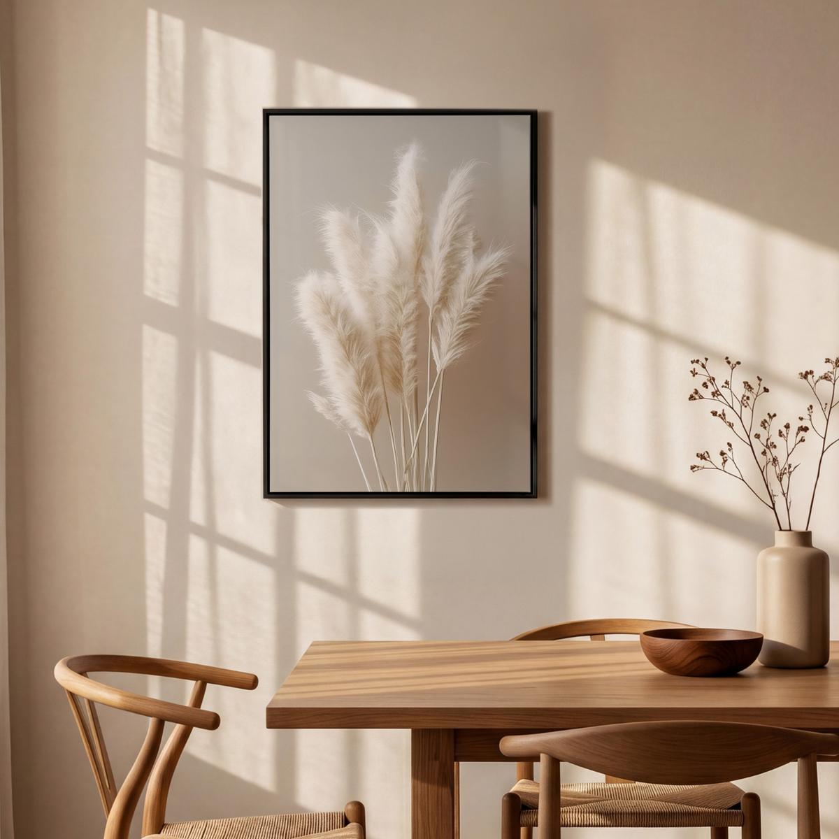 LEINWAND Bilder mit Rahmen - Pampasgras - Federn - Pastell - Weiß - 60x90 - Naturfarben, Textil (60/90cm) - MuchoWow