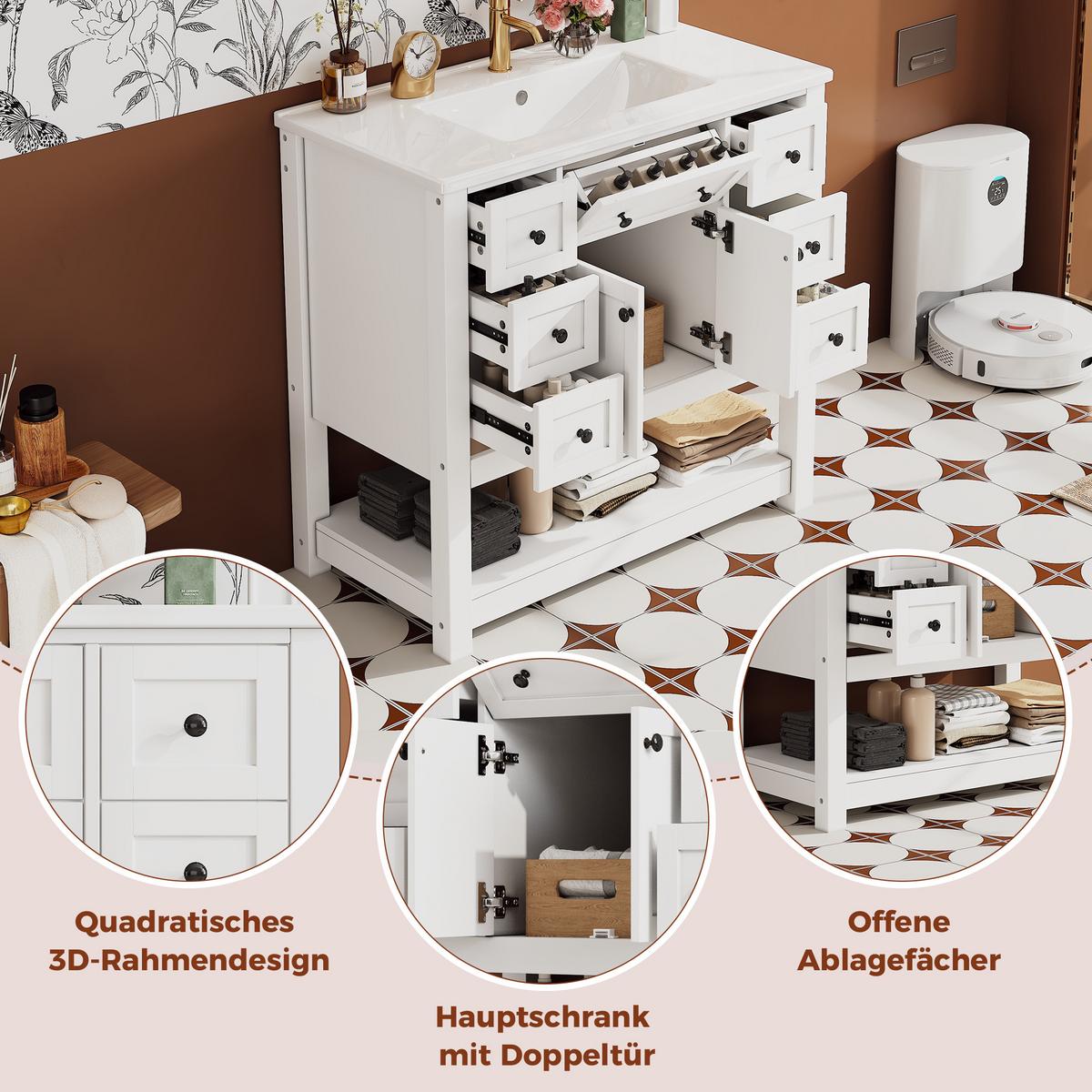 WASCHTISCH Freistehend Weiß mit Keramikbecken, 6 Schubladen & Regal - Weiß, Holzwerkstoff (91.5/90/46.5cm) - Urban Meuble