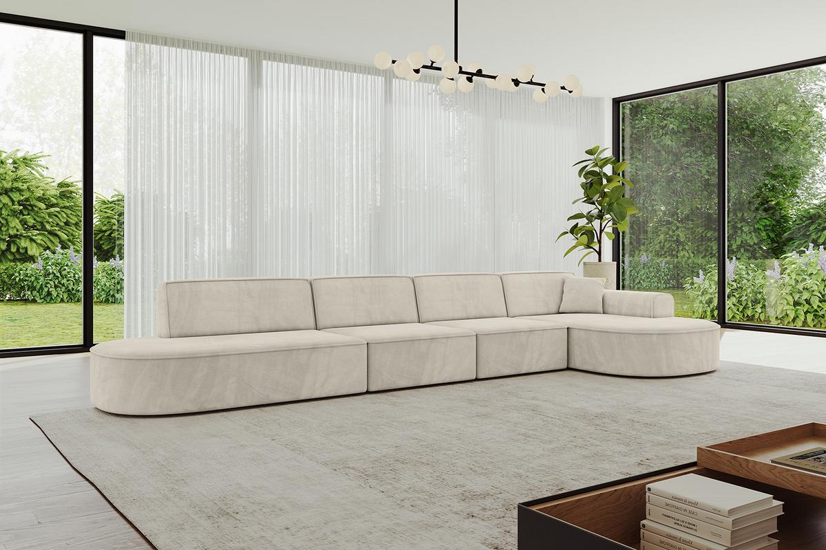 ECKSOFA Ottomane Rechts MARI-L3 - 413x171x79 cm Ecru Velours - Ecru/Schwarz, Holzwerkstoff/Kunststoff (171/413cm) - ALTDECOR