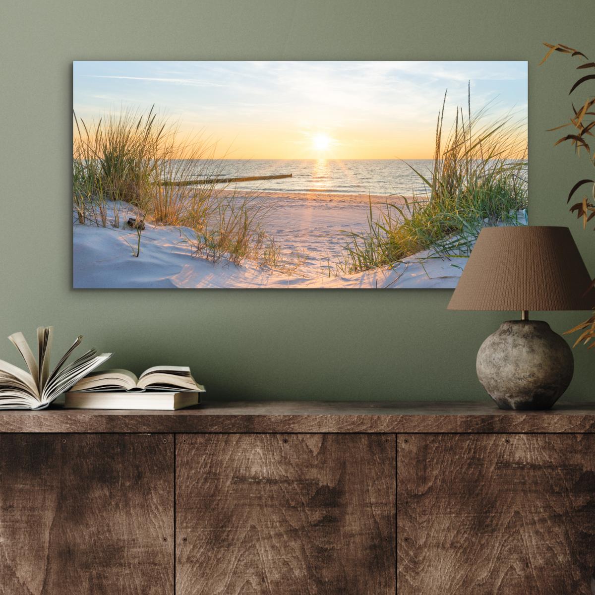 METALLBILD Strand - Sonne - Düne - Gras - Sand - Horizont 80x40 cm - Hellblau, Metall (80/40cm) - MuchoWow
