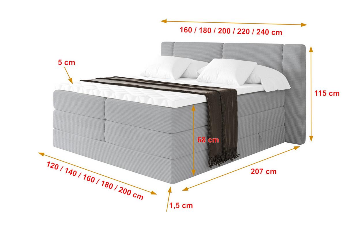 BOXSPRINGBETT mit Matratze H3/H4 - EVON KING - 180x200 cm Grau - Graubraun, Holzwerkstoff (180/200cm) - ALTDECOR