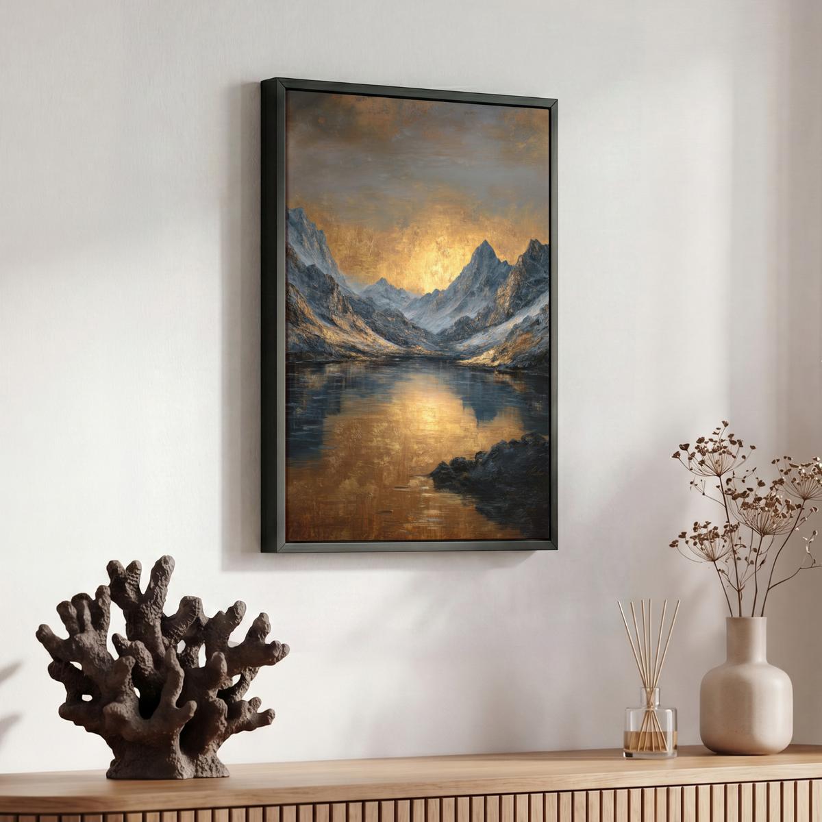 LEINWAND Bilder mit Rahmen - Bergkulisse mit goldenem Sonnenuntergang - 30x40 - Goldfarben, Textil (30/40cm) - MuchoWow
