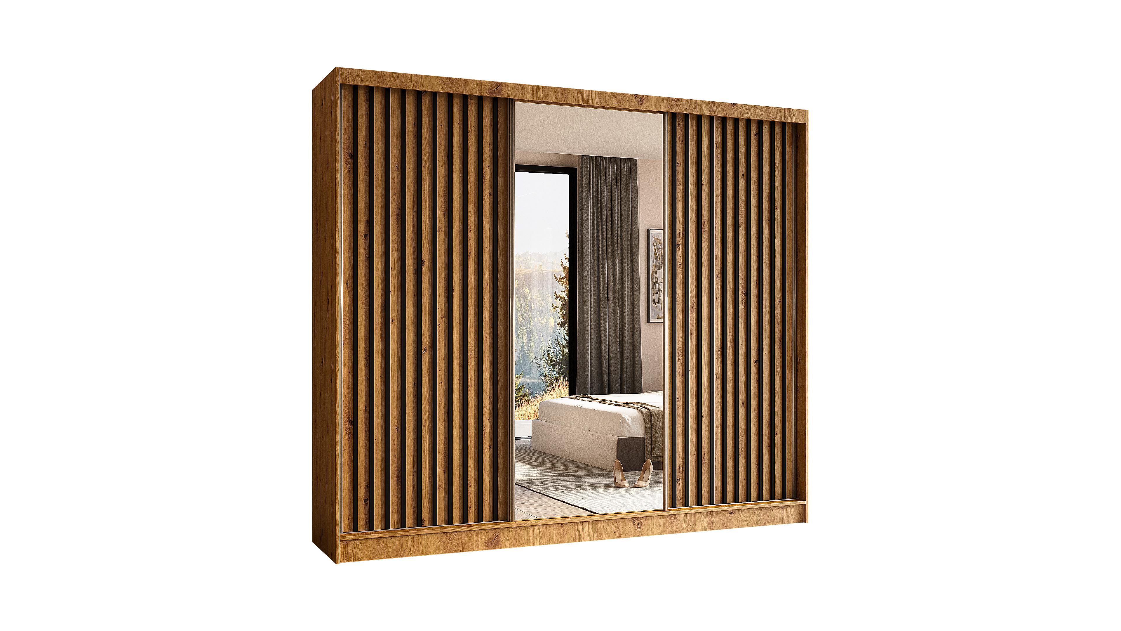 KLEIDERSCHRANK mit Spiegel-Schiebetüren und Aluminium-Leisten, LED-Beleuchtung - LAMELO- 240 cm Artisan+Artisan+Schwarz - Schwarz/Eiche Artisan, Holzwerkstoff (240/216/61cm) - ALTDECOR