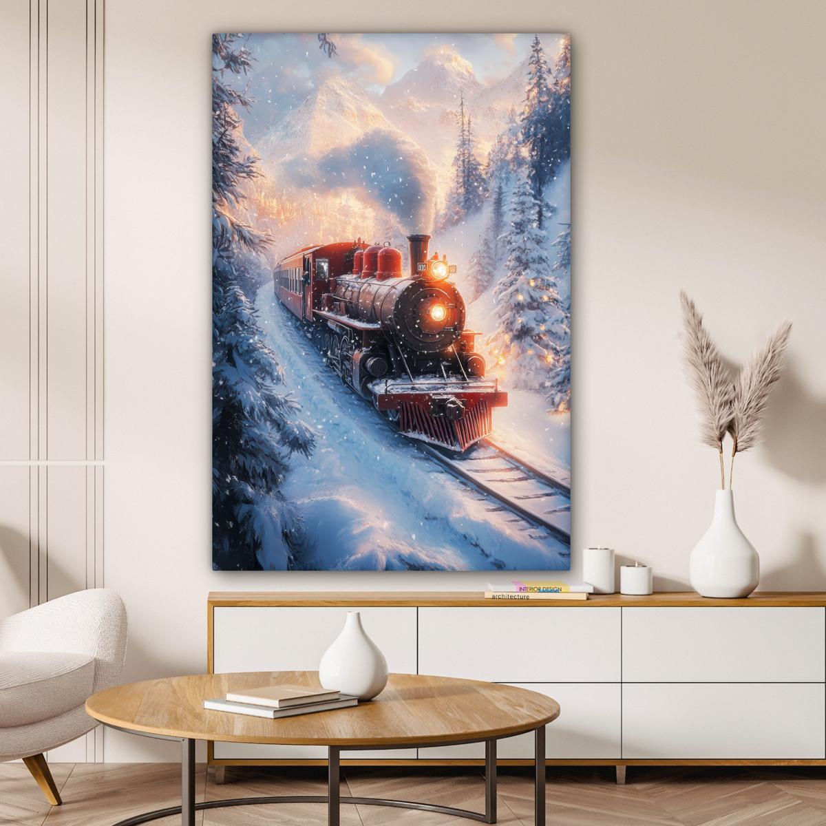 LEINWANDBILD Weihnachtszug - Schnee - Winter - Weihnachten Deko XXL 80x120 cm - Dunkelrot, Textil (80/120cm) - MuchoWow