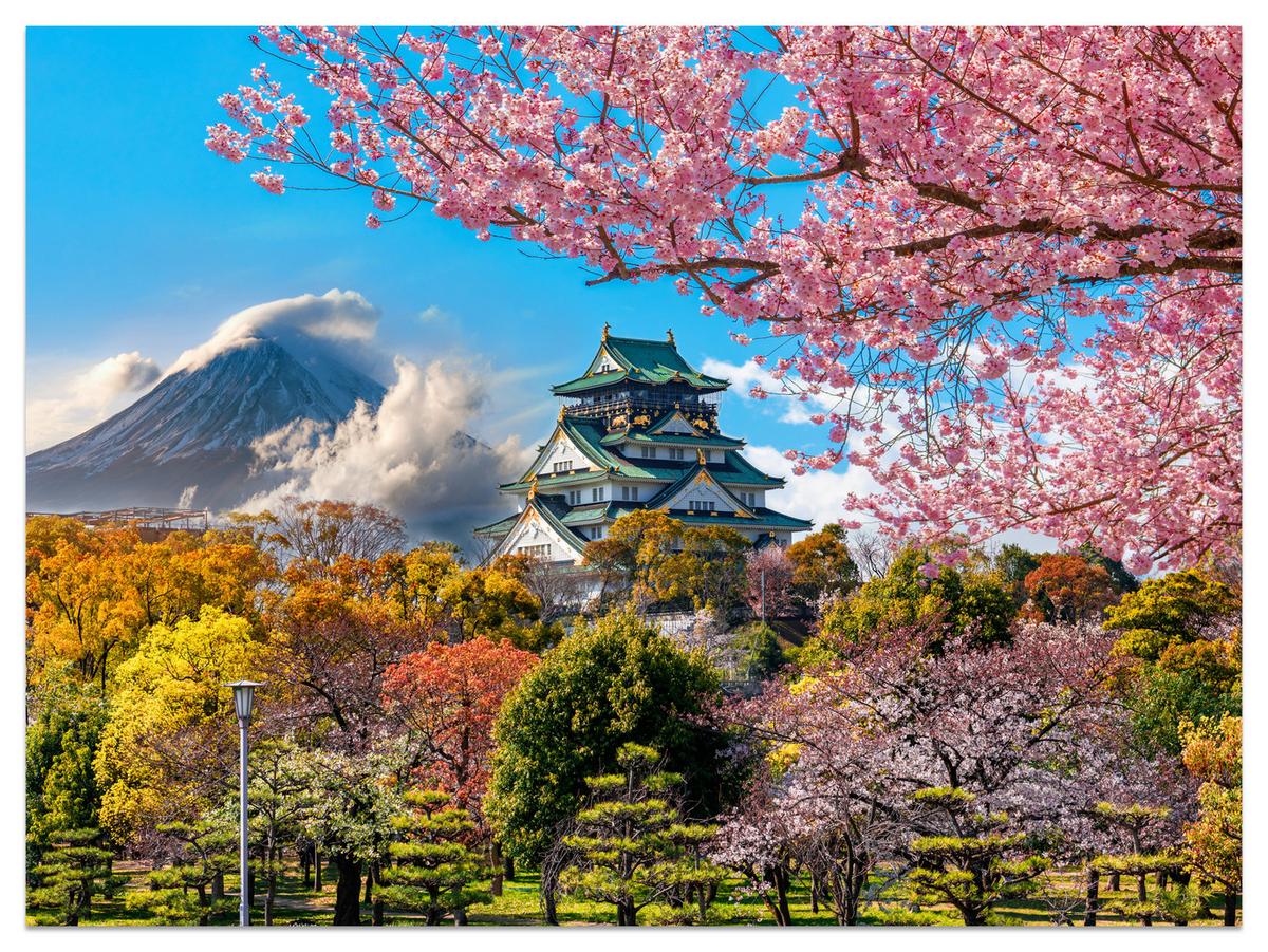FOTOTAPETE für Wohnzimmer Kirschblüten Osaka Burg Japan Berge Bäume 350x256 - Gelb/Rosa, Papier (350/256cm) - Muralo