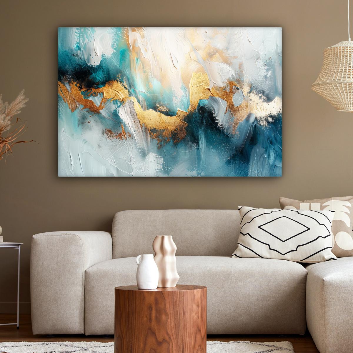 LEINWANDBILD Abstrakt - Kunst - Gold - Blau XXL 150x100 cm - Petrol, Textil (150/100cm) - MuchoWow