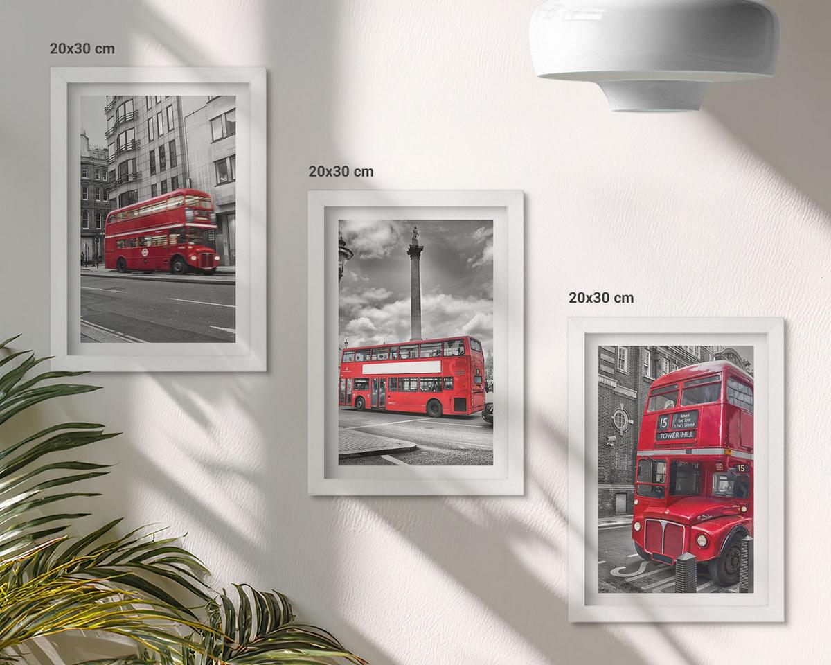 BILDER SET 3er Set - 20x30 cm Weißer Rahmen - Rote Busse in London - Weiß, Kunststoff (20/30cm) - TULUP