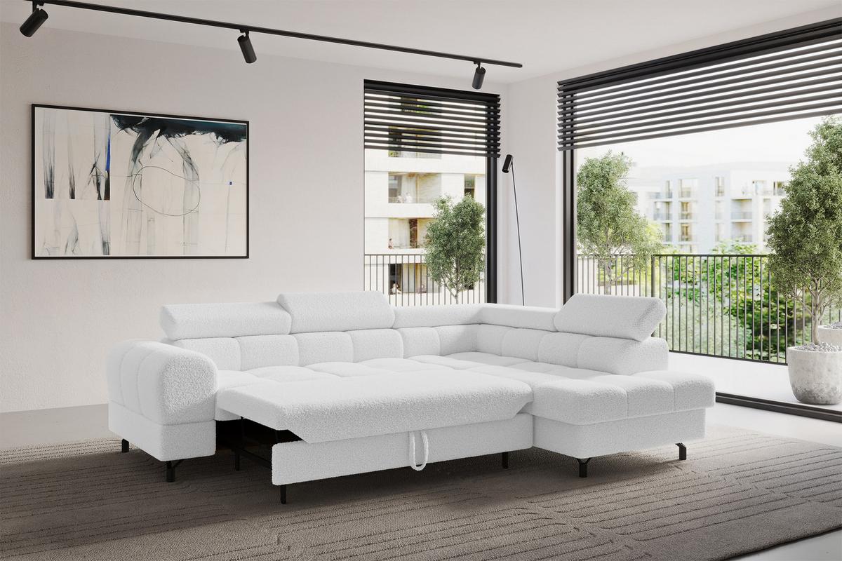ECKSOFA mit Schlaffunktion Ottomane Rechts LUMA-L 272x203x70 Weiß Bouclé - Schwarz/Weiß, Holzwerkstoff/Kunststoff (203/272cm) - ALTDECOR