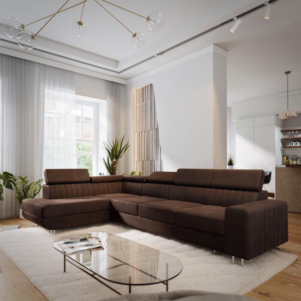 ECKSOFA HESTION Braun Velours-Stoff mit Schlaffunktion - Braun, Holz (332/190cm) - MASSENO