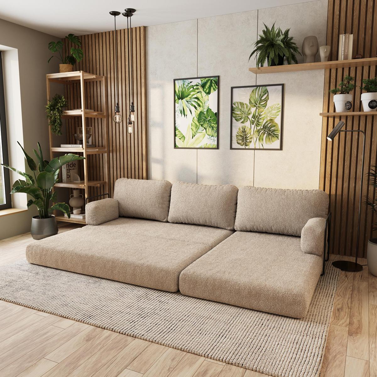 ECKSOFA LEA modulares Boneless Sofa mit Schlaffunktion Beige Boucle-Stoff - Beige, Textil (270/160cm) - MASSENO