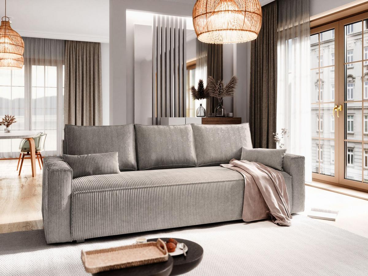 BETTSOFA MENI Beige Kordstoff mit Schlaffunktion - Beige, Textil (232/83/87cm) - MASSENO