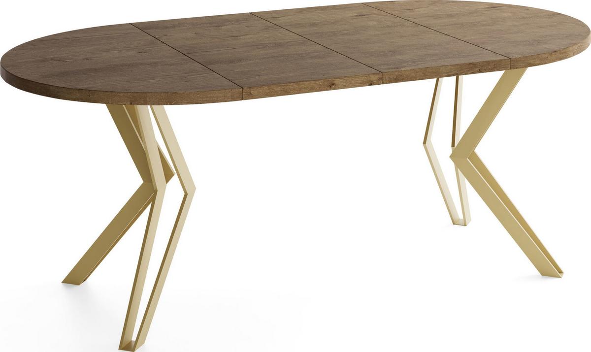 ESSTISCH Daisy runder ausziehbarer, Lefkas Eiche 120-200/100/76 cm - Alteiche/Goldfarben, Holzwerkstoff/Metall (120/200/76cm) - WFL GROUP
