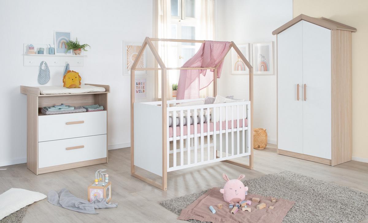 2-IN-1 BABY- & BEISTELLBETT Cabane 60 x 120 cm - Eichefarben/Weiß, Holz (60/120cm) - Roba