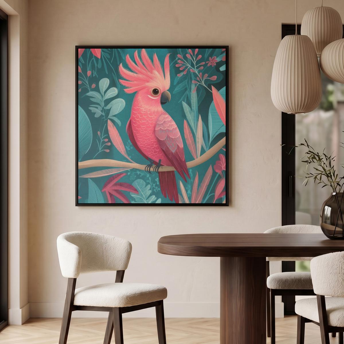 LEINWAND Bilder mit Rahmen - Kakadu - Tropische Blätter - Zweig - 90x90 - Petrol, Textil (90/90cm) - MuchoWow