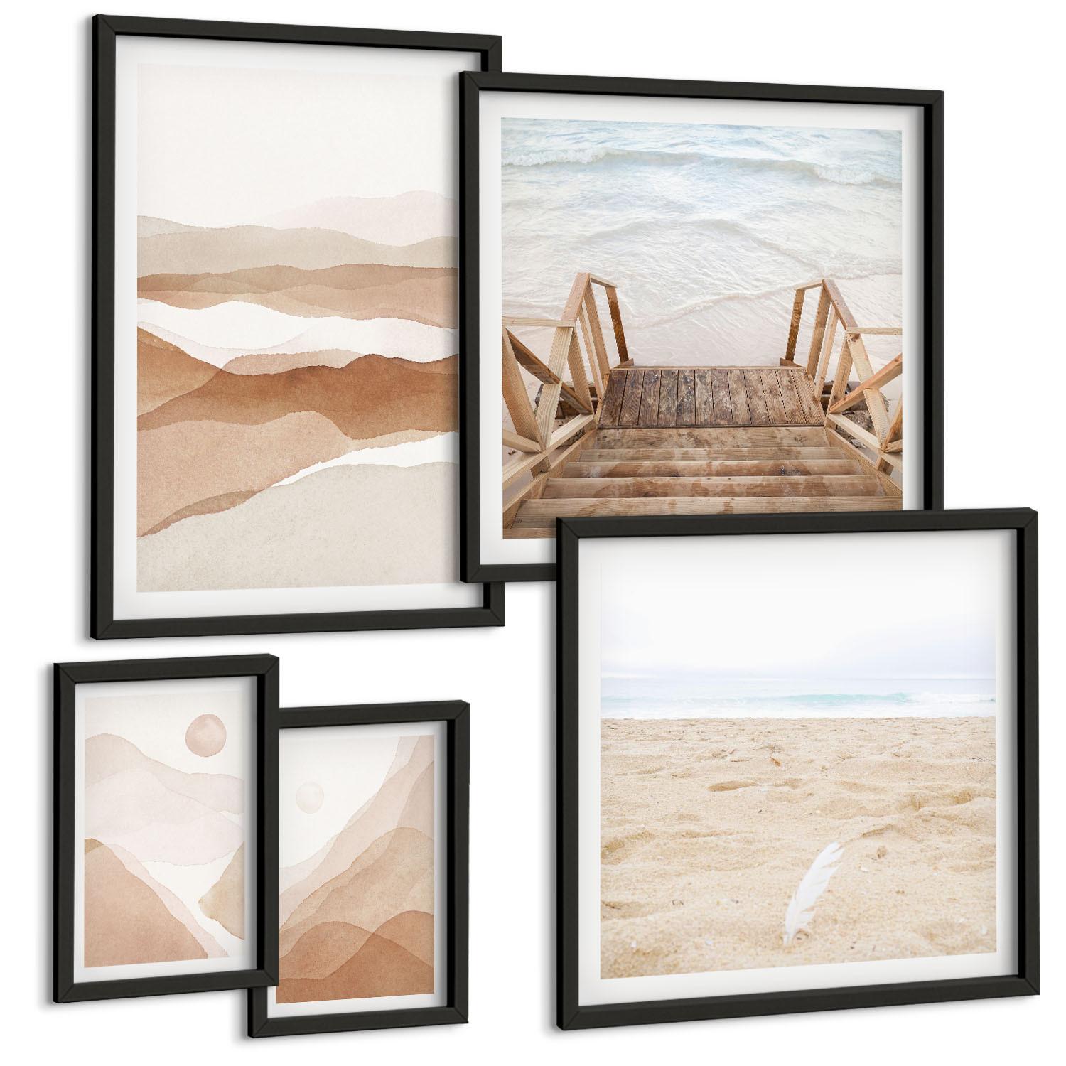BILDER SET 5er Set - 50x50 cm & 20x30 cm & 40x60 cm Schwarzer Rahmen - Abstrakte braune Landschaften - Schwarz, Kunststoff (40/60cm) - TULUP