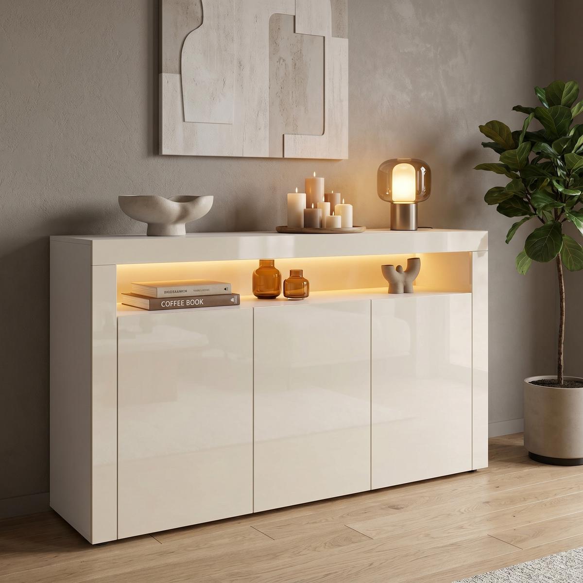 SIDEBOARD Valencia Creme Hochglanz / Creme Hochglanz - Creme, Holzwerkstoff (155/92/40cm) - Vladon