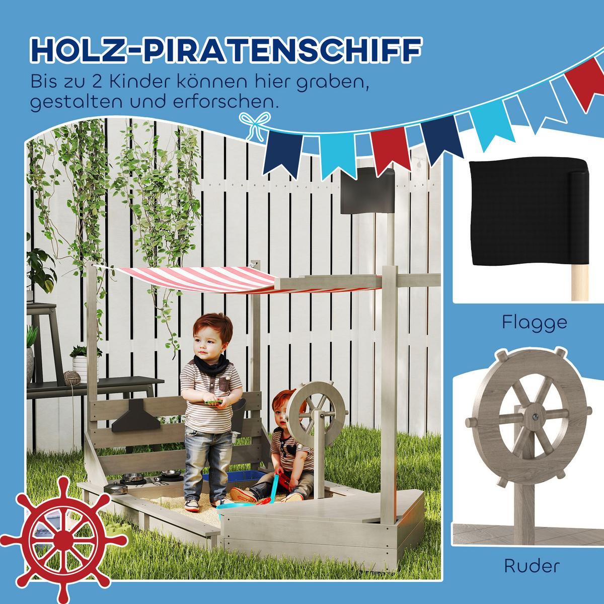 SANDKASTEN Sandkiste groß mit Abdeckung im Schiff Design Matschekiste aus Holz - Grau, Holz (180/103/144.5cm) - Outsunny