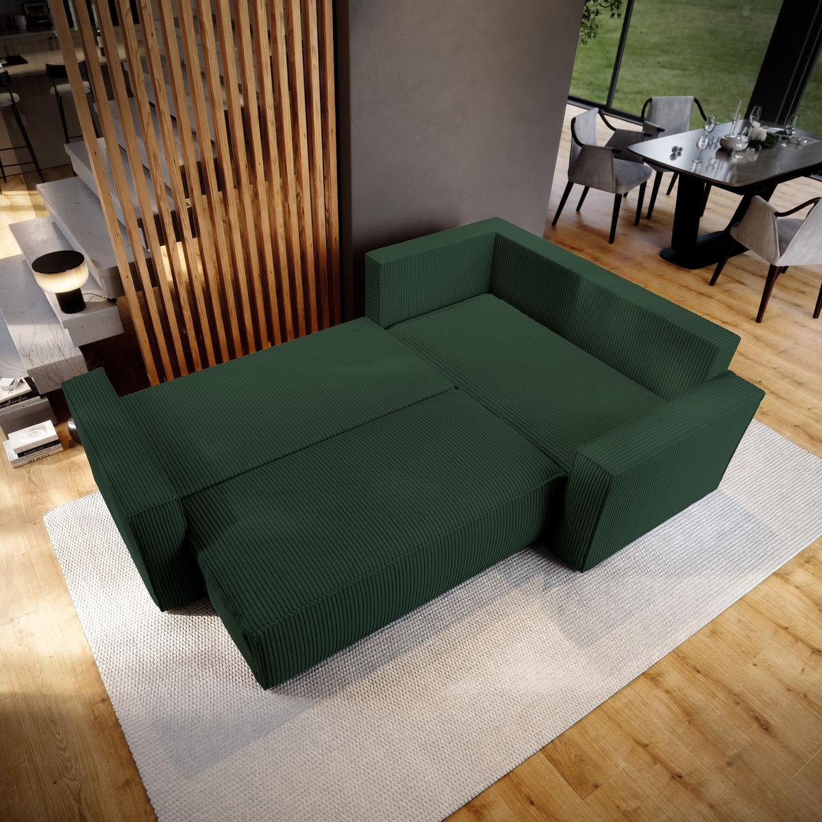ECKSOFA ESTANO R-S Grün Kordstoff mit Schlaffunktion - Grün, Holz (230/158cm) - MASSENO