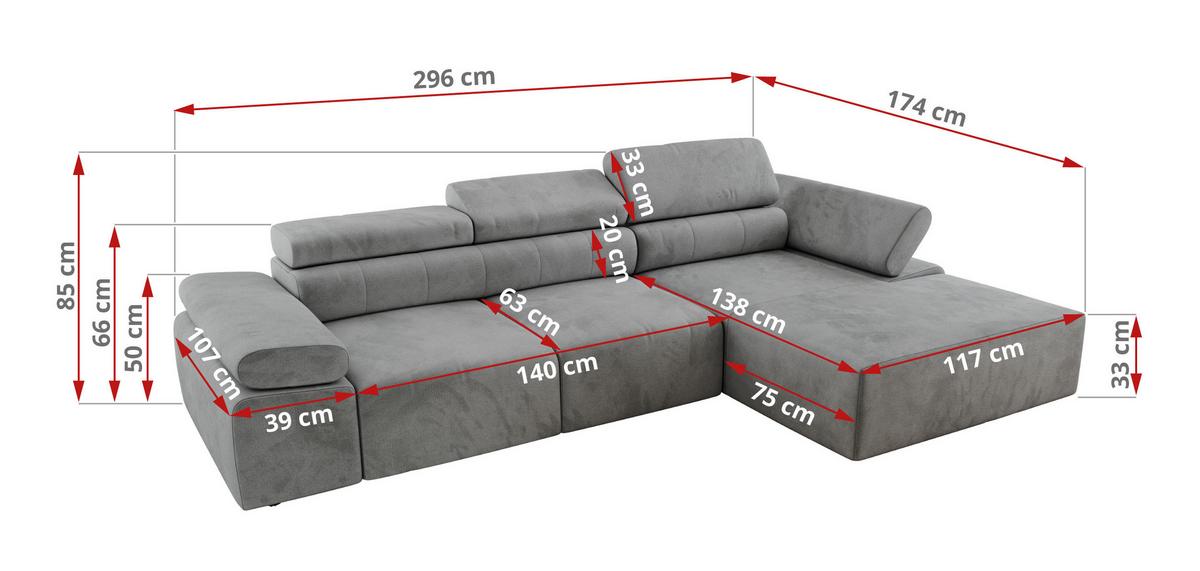 ECKSOFA RILASSO L Hellgrau Velvet - rechts - Hellgrau/Schwarz, Kunststoff/Textil (174/296cm) - MKS