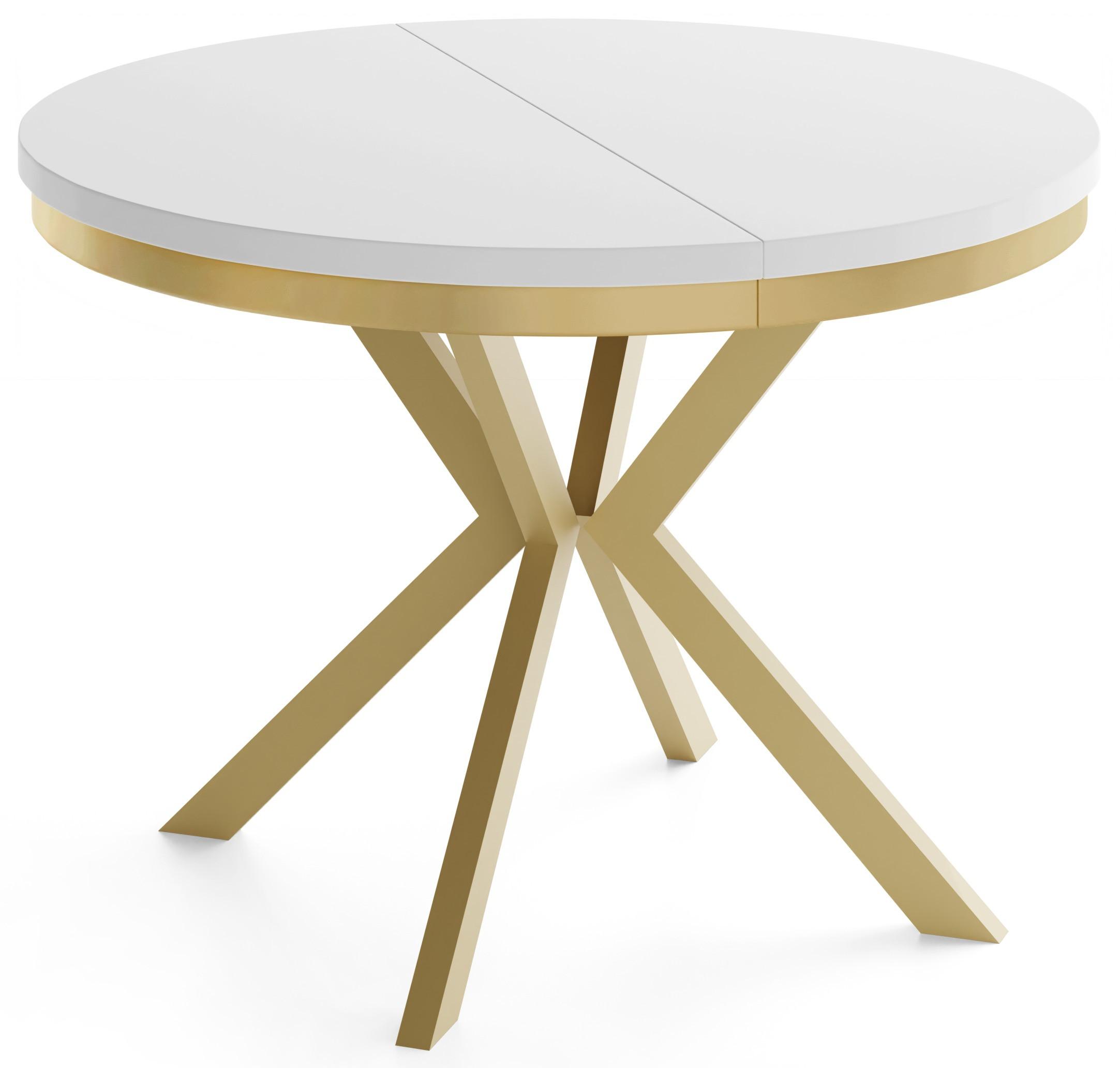 ESSTISCH Dina runder ausziehbarer, Weiß 90-170/90/76 cm - Goldfarben/Weiß, Holzwerkstoff/Metall (90/170/76cm) - WFL GROUP