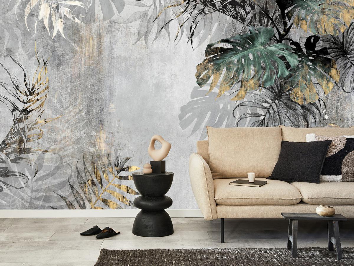 FOTOTAPETE Tropische Blätter auf Beton Vintage 400x280 - Gelb/Beige, Papier (400/280cm) - Muralo