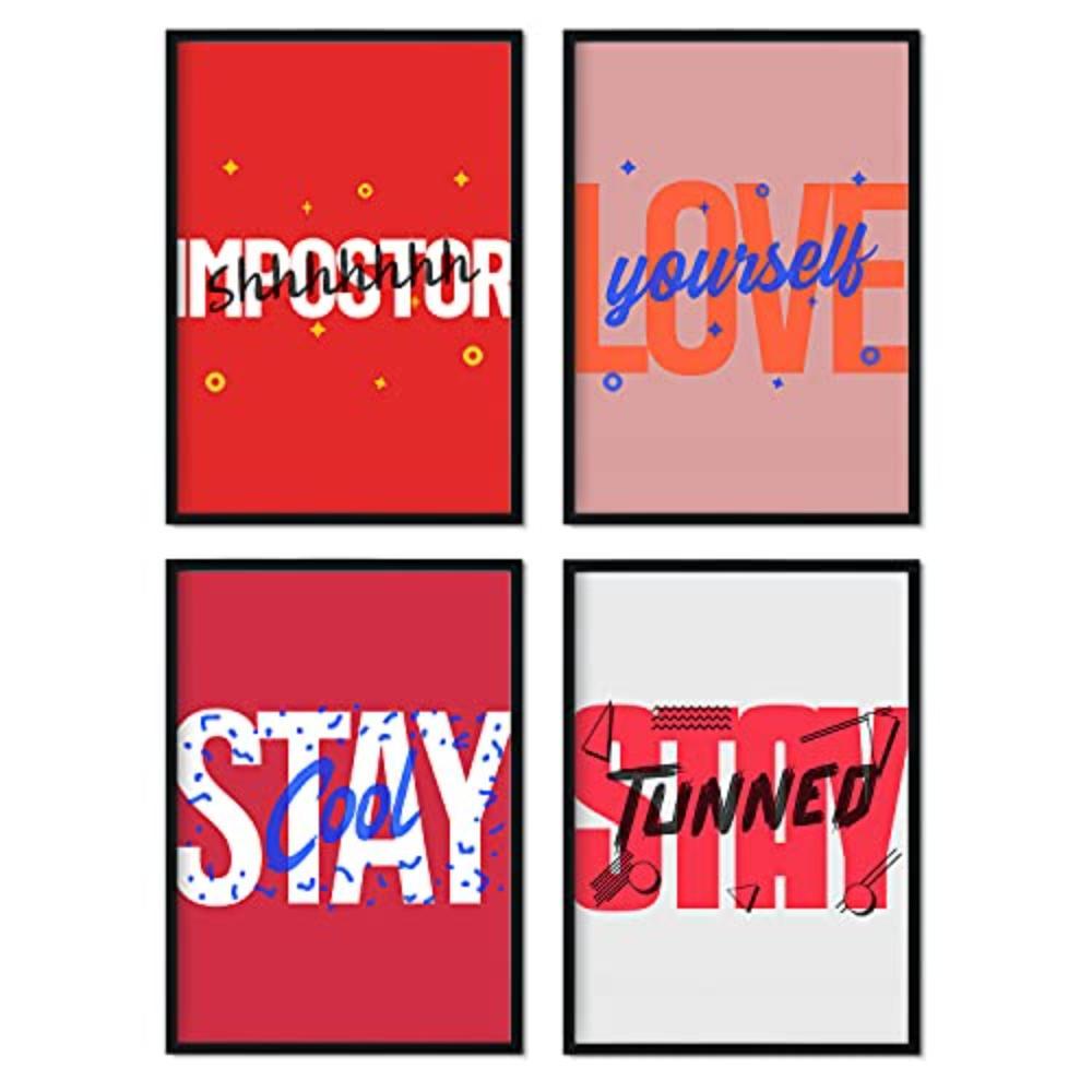 POSTER Set mit 4 roten Etikettendesign und Motivationsnachrichten A4 Schwarzer Rahmen - Schwarz, Papier (29.7/3cm) - Nacnic