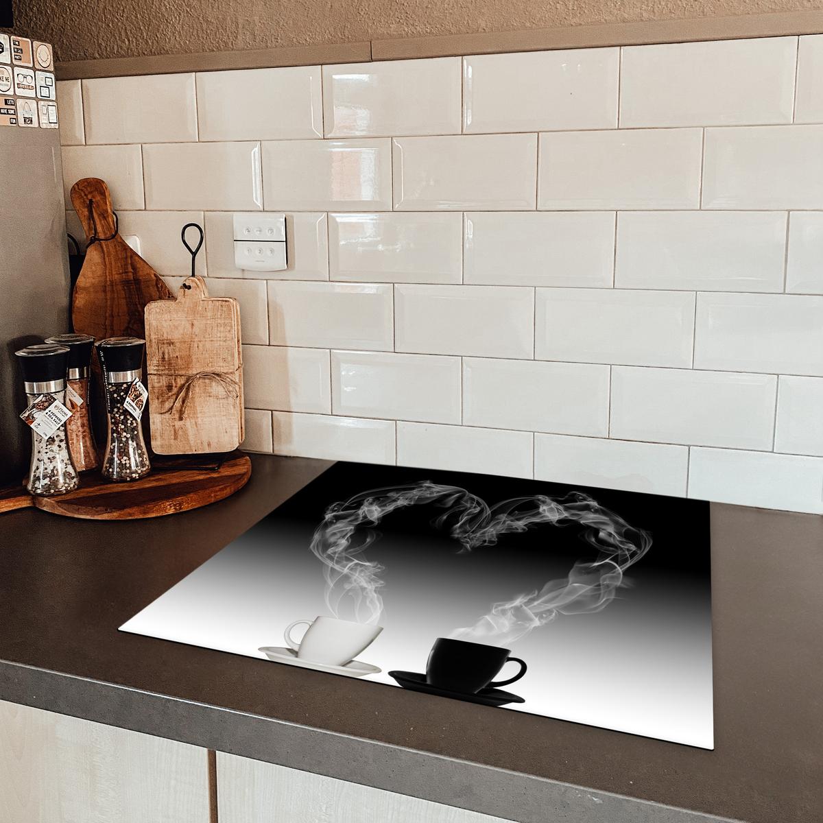 HERDABDECKPLATTE Kaffee - Herz - Schwarz und weiß - Tassen Abdeckung Ceranfeld 59x51 cm - Weiß, Kunststoff (59/51/0.2cm) - MuchoWow