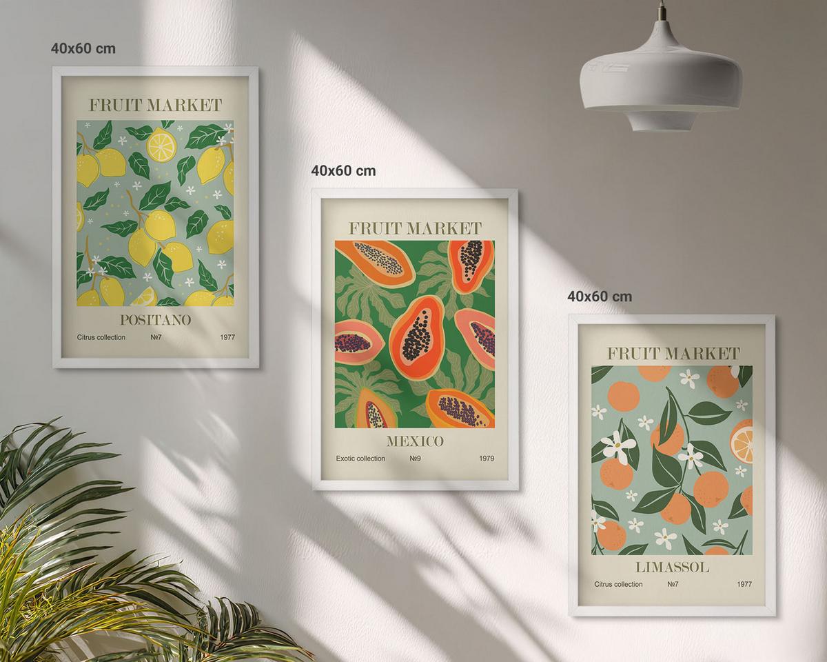 BILDER SET 3er Set - 40x60 cm Weißer Rahmen - Fruchtposter Zitronen Papayas - Weiß, Kunststoff (40/60cm) - TULUP
