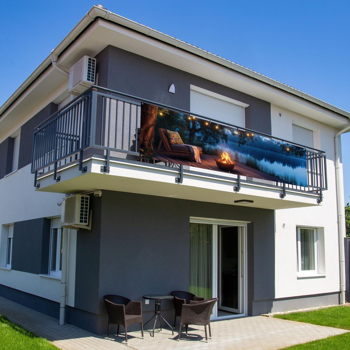 BALKON-SICHTSCHUTZ Lagerfeuer - See - Abendlicht Witterungsbeständig 300x75 cm - Dunkelblau, Kunststoff (300/75cm) - MuchoWow