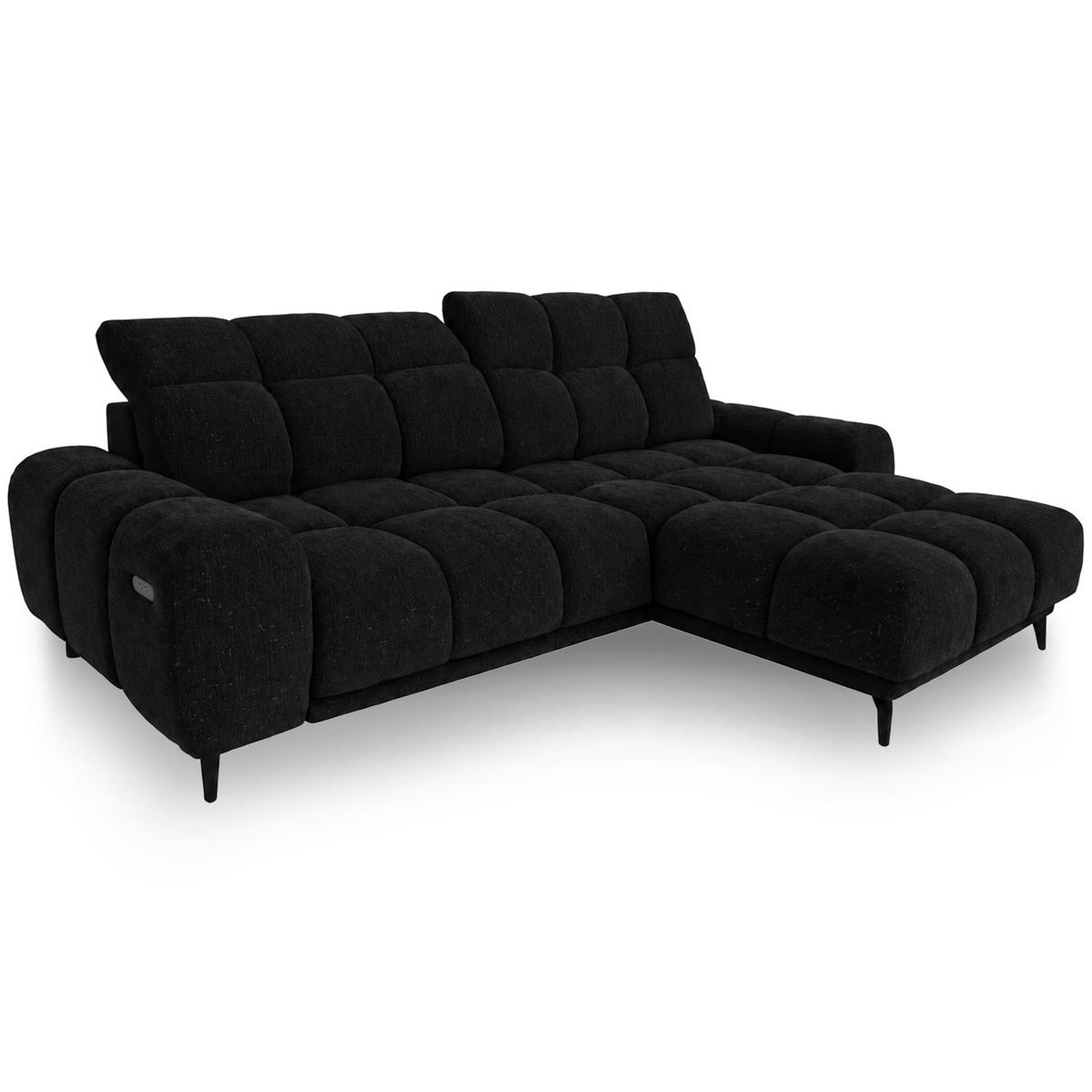 ECKSOFA Marco Mini mit elektrisch ausfahrbarem Sitz und verstellbaren Kopfstützen, Rechts, Chenille-Stoff, Schwarz - Schwarz, Textil (275/182cm) - Beautysofa