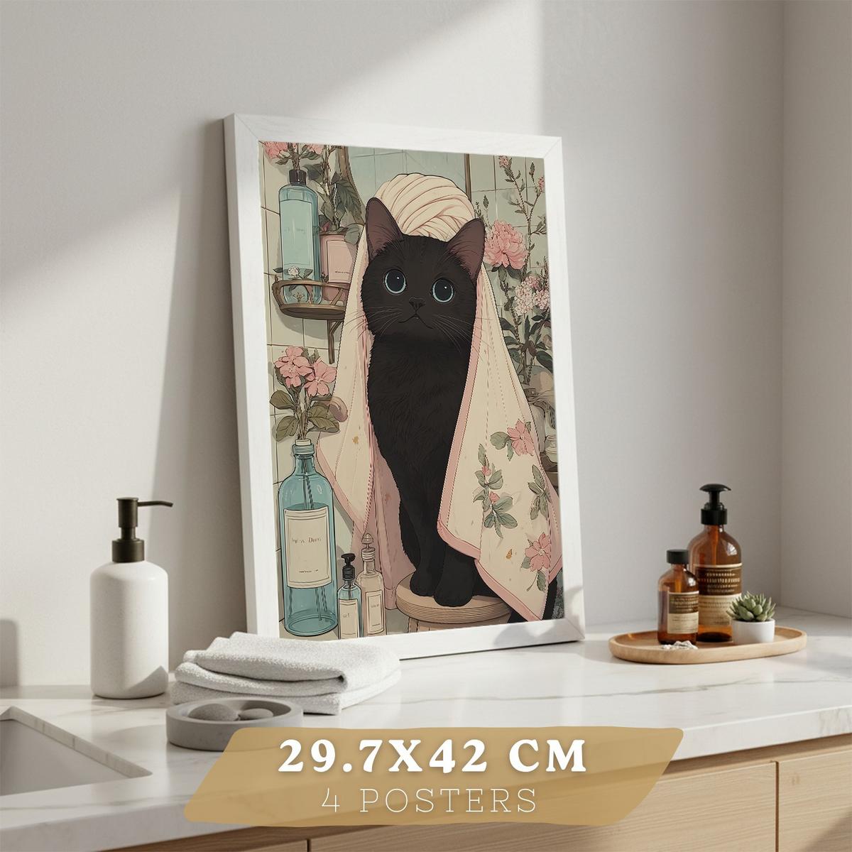 POSTER 4er-Set dekorative Kunstdrucke, schwarze Katze im Badezimmer, niedliches Blumenposter für Toilette, Schlafzimmer, sanfter Rahmenlos A3 - Klar, Papier (42/29.7/3cm) - Nacnic