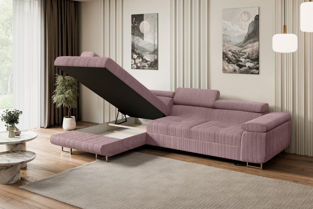 ECKSOFA mit Schlaffunktion und Bettkasten GUSA-L 272x202x107 cm Rosa Cord - Silberfarben/Rosa, Holzwerkstoff/Textil (202/272cm) - ALTDECOR