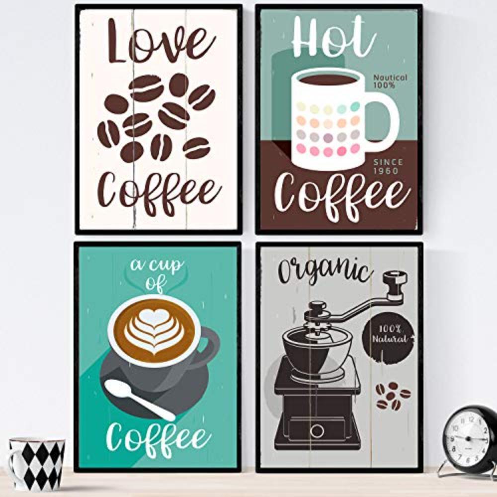 POSTER Set mit 4 Bunter Kaffee 1 A3 Schwarzer Rahmen - Schwarz, Papier (29.7/3cm) - Nacnic