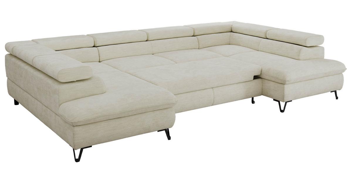 WOHNLANDSCHAFT PABLO U Schenille glatt Creme - Creme/Schwarz, Textil/Metall (346/76/208cm) - MKS