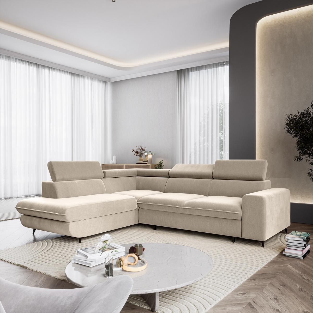 ECKSOFA VELISS Creme Veloursstoff mit Schlaffunktion - Creme, Holz (255/193cm) - MASSENO