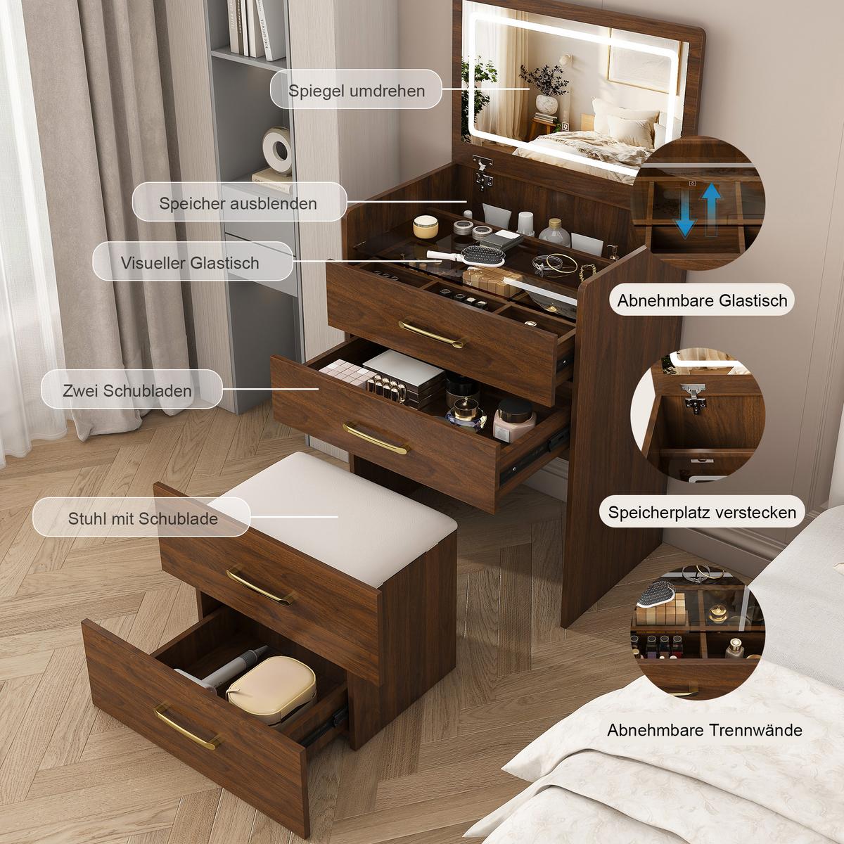 SCHMINKTISCH 3-in-1 Set Walnuss-Optik & Glas mit LED-Klappspiegel & Hocker - Walnussfarben, Holzwerkstoff (60/118/40cm) - Urban Meuble