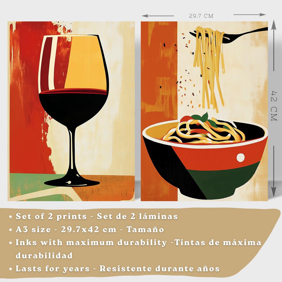 POSTER 2er Set Küchen-Wandbilder Rotwein und Pasta Vintage Retro Esszimmer Wanddeko Rahmenlos A3 - Beige, Papier (29.7/1/42cm) - Nacnic
