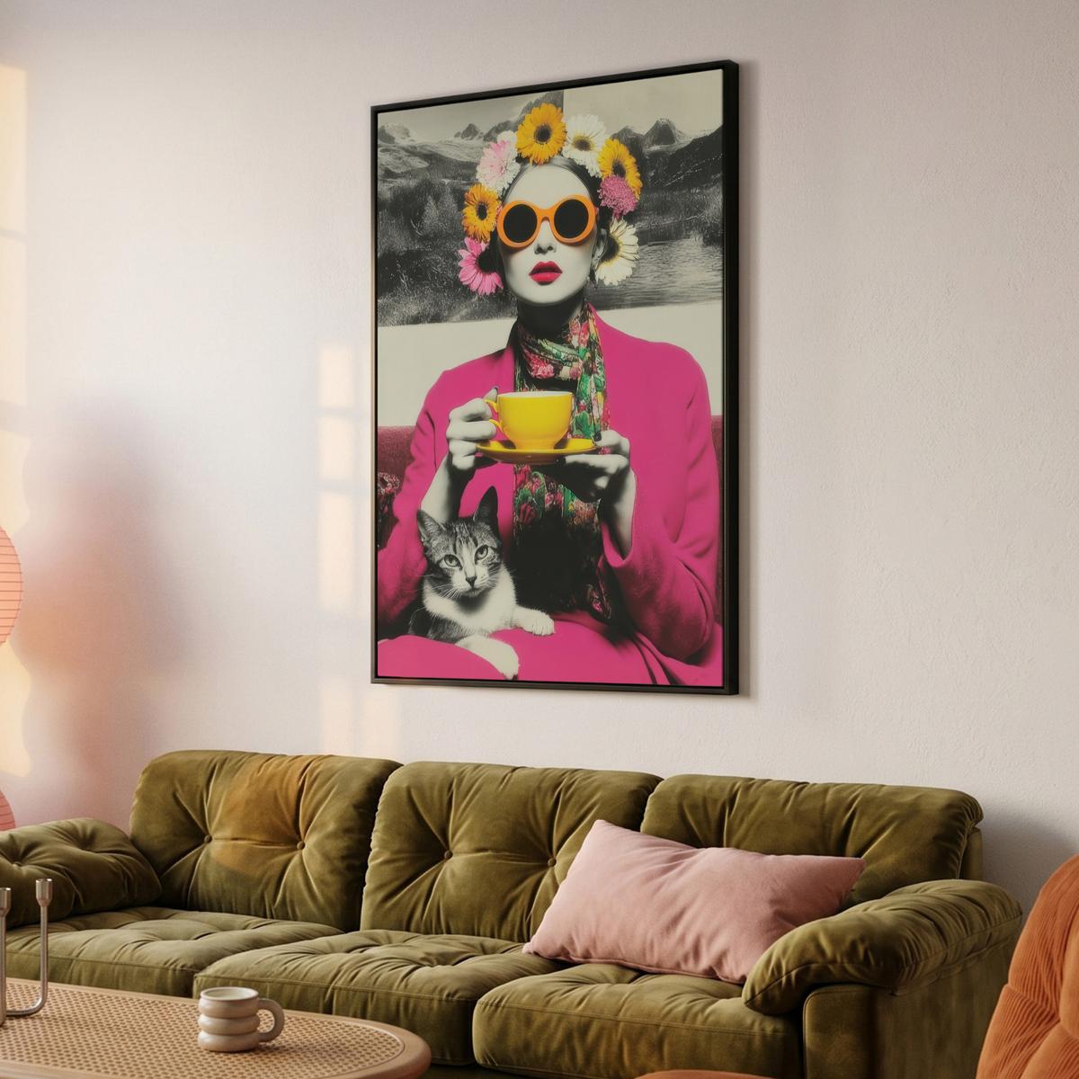 LEINWAND Bilder mit Rahmen - Frau - Katze - Blumen - Tasse - Retro - 90x140 - Magenta, Textil (90/140cm) - MuchoWow