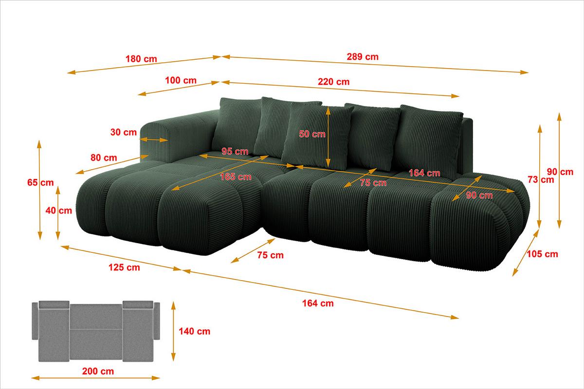 ECKSOFA Ottomane Links CLOUD-L-v1 280x185x90 Grün Cord - Grün, Holzwerkstoff/Kunststoff (180/289cm) - ALTDECOR