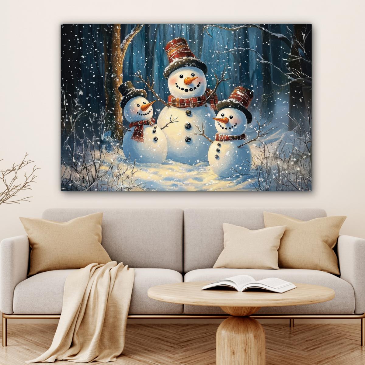 LEINWANDBILD Schneemann - Schnee - Winter - Wald Groß 140x90 cm - Hellblau, Textil (140/90cm) - MuchoWow