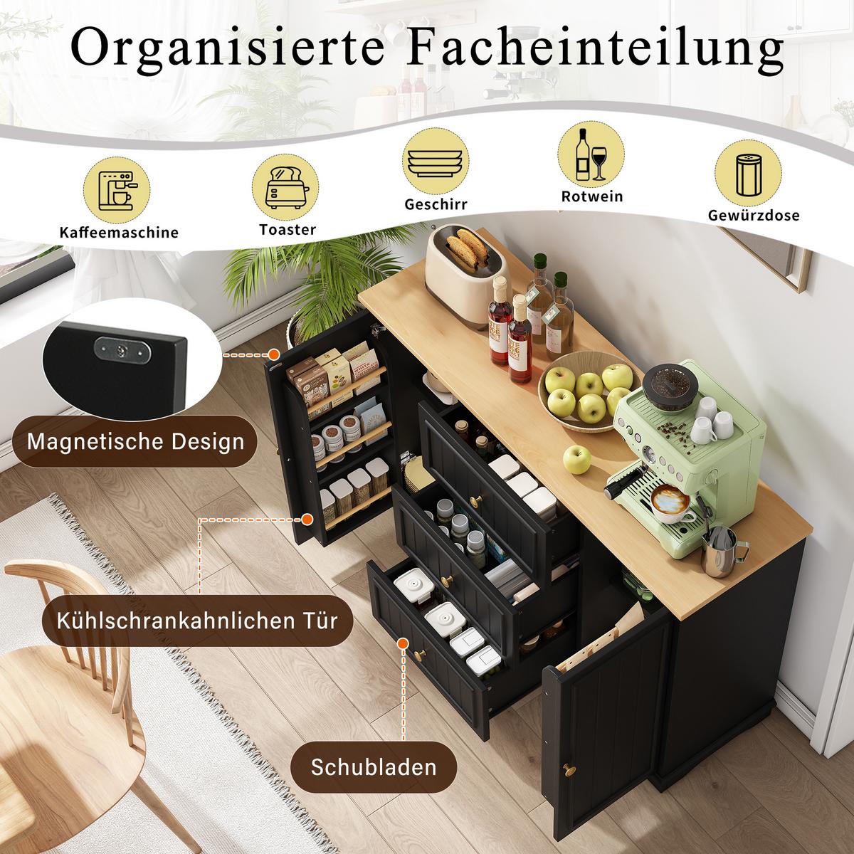 SIDEBOARD mit 3 schubladen & kühlschrank-türen - Schwarz, Holzwerkstoff (126/86/40cm) - Urban Meuble