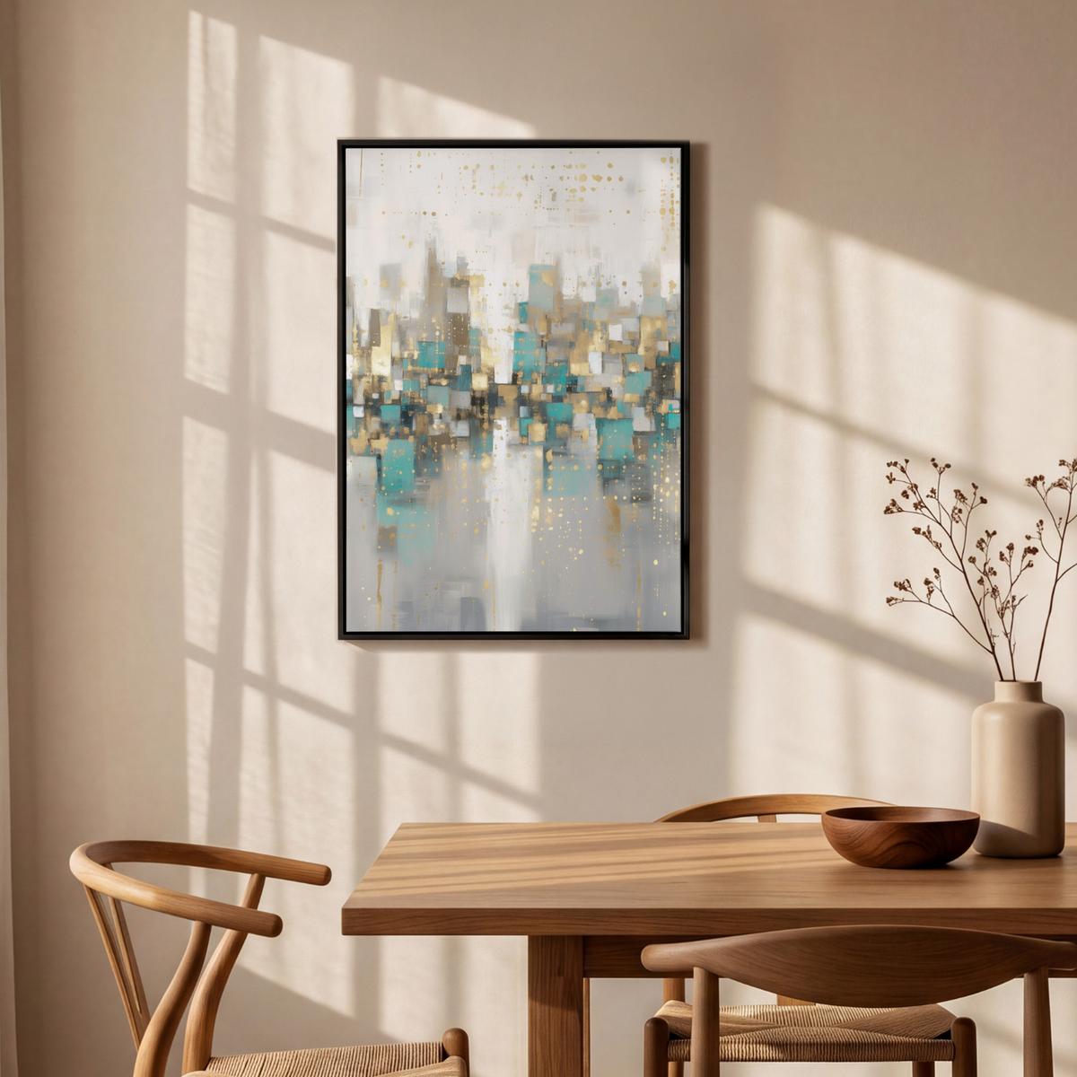 LEINWAND Bilder mit Rahmen - Abstrakt - Blöcke - Gold - Skyline - 60x90 - Beige, Textil (60/90cm) - MuchoWow