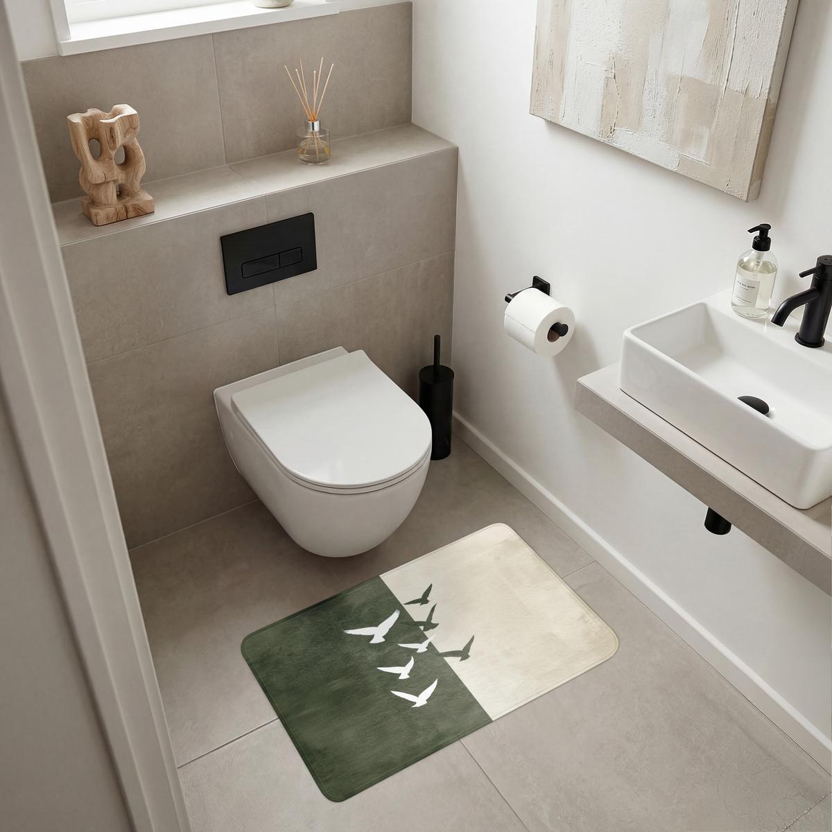 BADEMATTE Japandi - Vogel - Grün 80x50 cm - Olivgrün, Textil (80/50cm) - OnlyWow