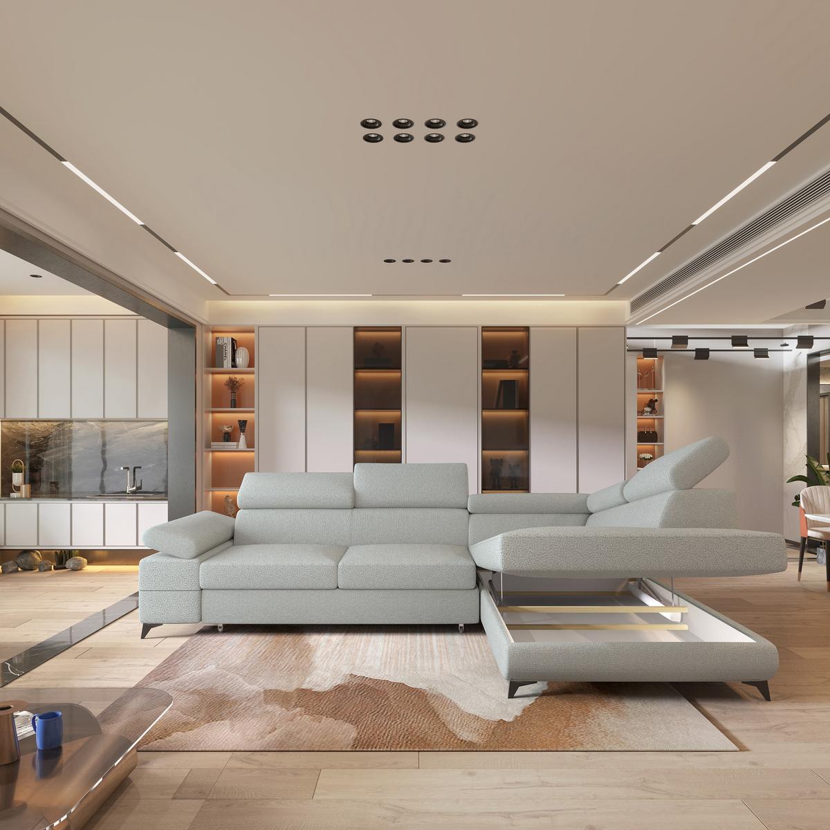 ECKSOFA FAVIEN R-S Hellgrau Boucle-Stoff mit Schlaffunktion - Hellgrau, Holz (257/190cm) - MASSENO