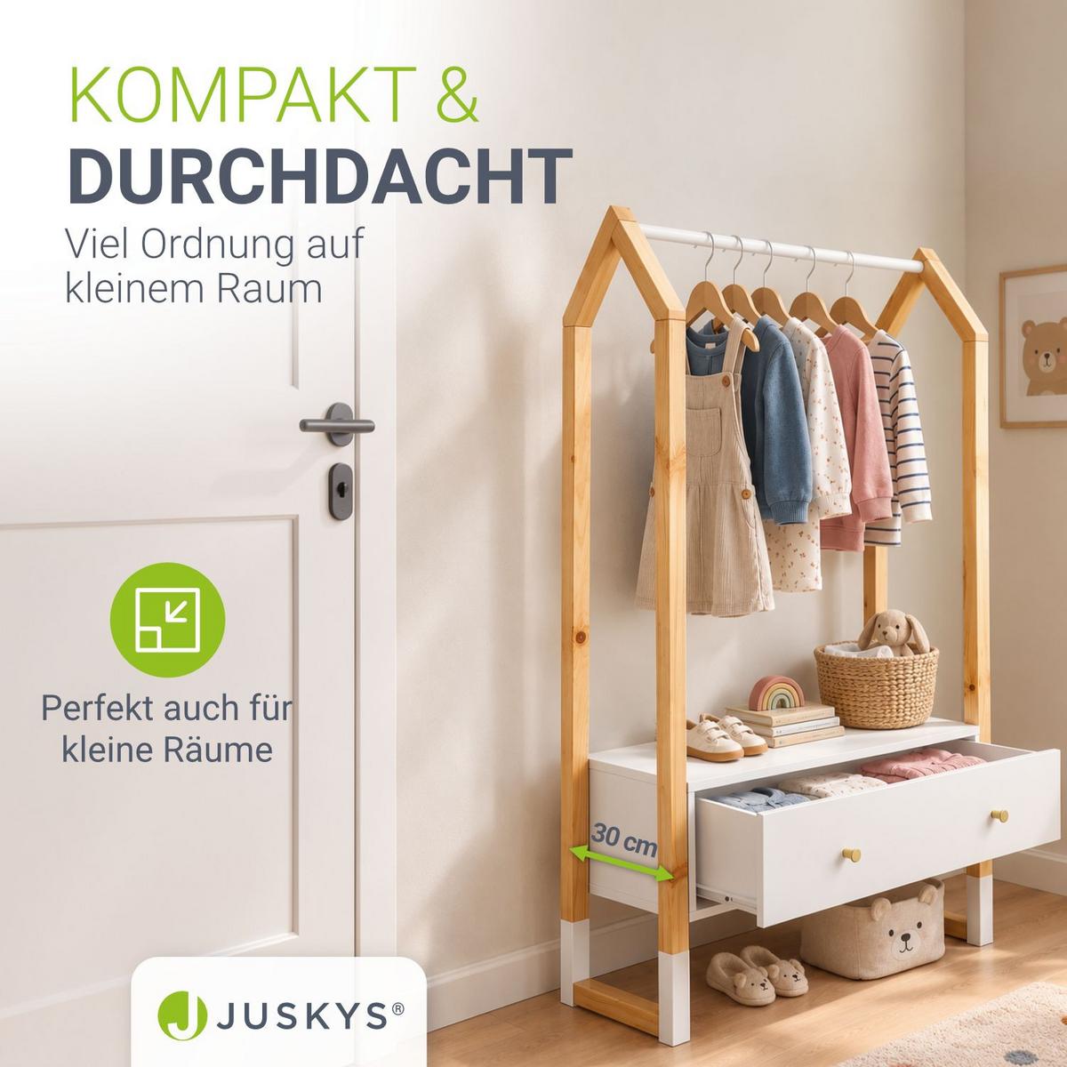 KLEIDERSTÄNDER Filla mit großer Schublade - Weiß, Holz (30/30/80cm) - Juskys